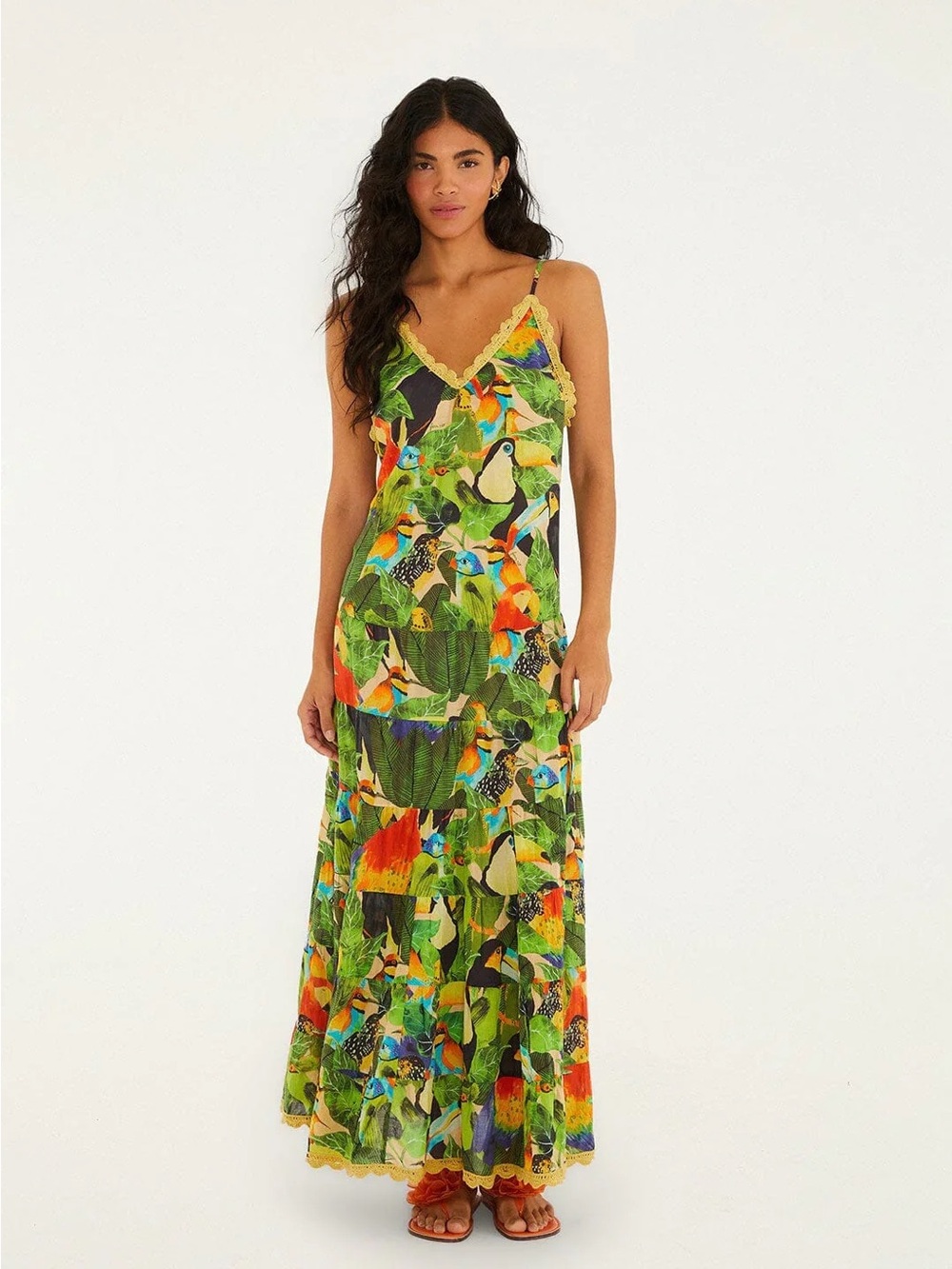 Farm Rio: Bird Leaves Long Dress in Sand - Picture 1 of 14